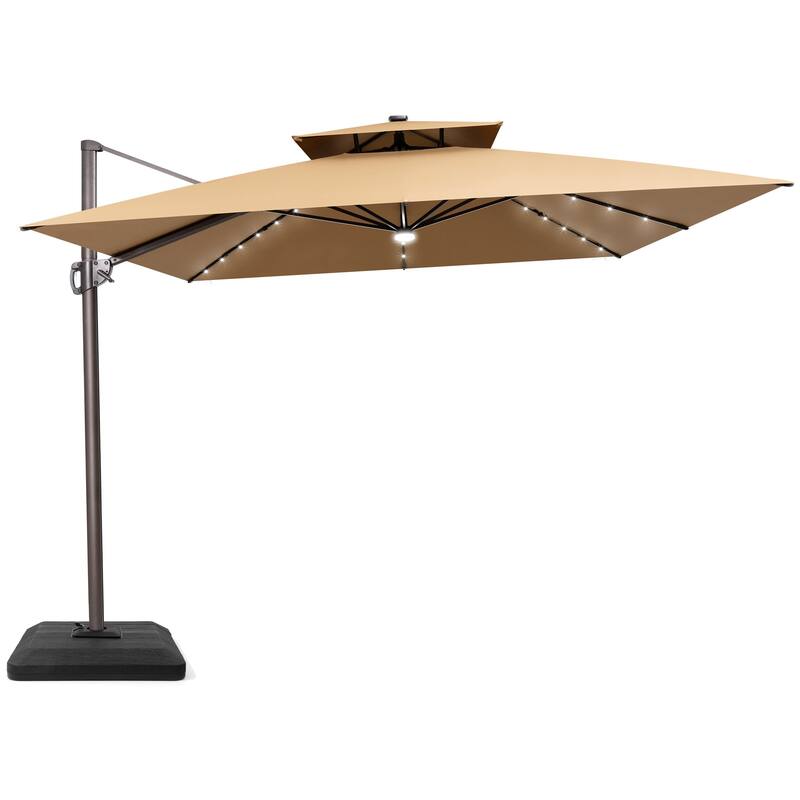 11FT Patio Cantilever Umbrella LED Lights Double Top Umbrella with 4-Piece Fillable Weighted Base