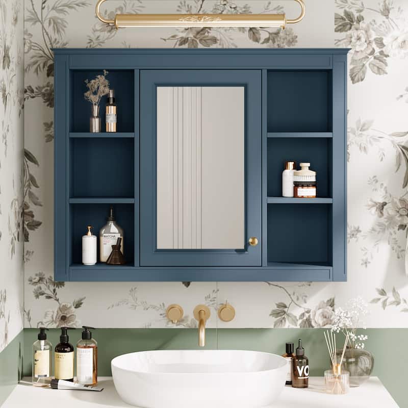 GDFStudio - Riggs Modern Wall-Mounted Bathroom Storage Cabinet with Mirror and Open Shelves (Not Include Bathroom Vanity) - Indigo Blue