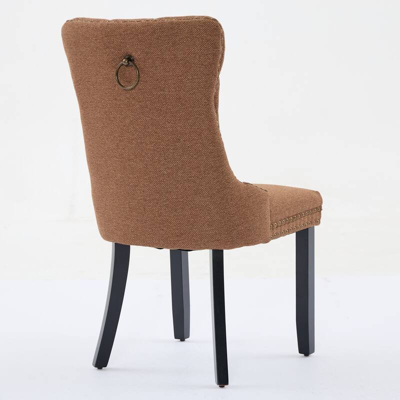 Set of 2 Linen Upholstered Dining Chair with Wood Legs, Nailhead Trim