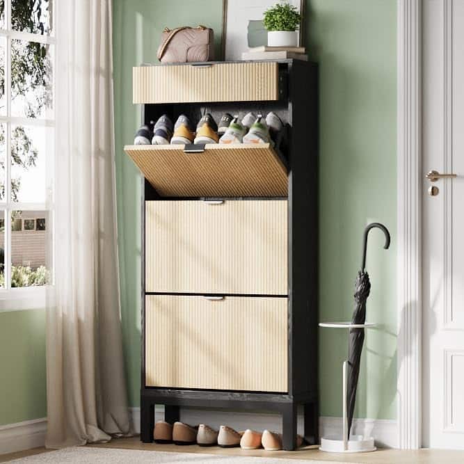 Shoe Storage Cabinet with 3 Flip Drawers, Fluted Shoe Organizer with Metal Legs - Black+oak