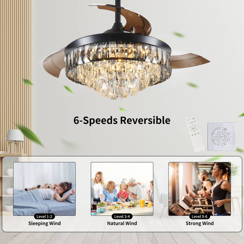 42" Invisible Ceiling Fan Chandelier Light, Crystal Ceiling Fan Light with Remote Control and 3 Retractable Blades