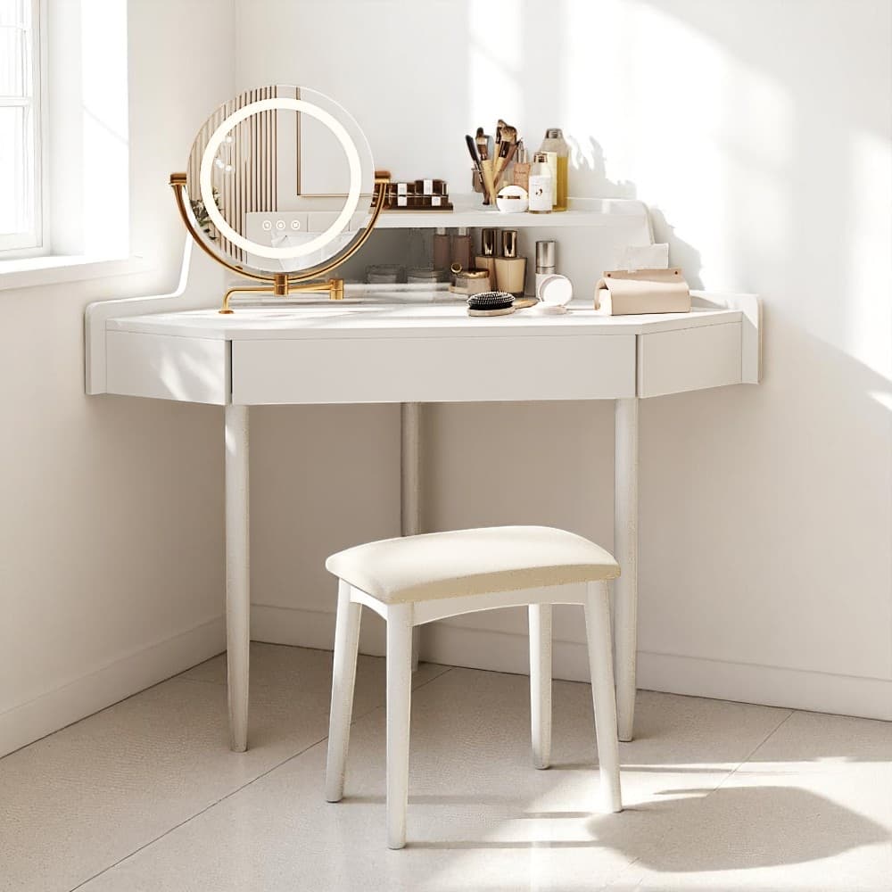 Small Corner Makeup Vanity with Tri-Fold LED Mirror, Drawer, Shelf & Stool - Adjustable Brightness Light
