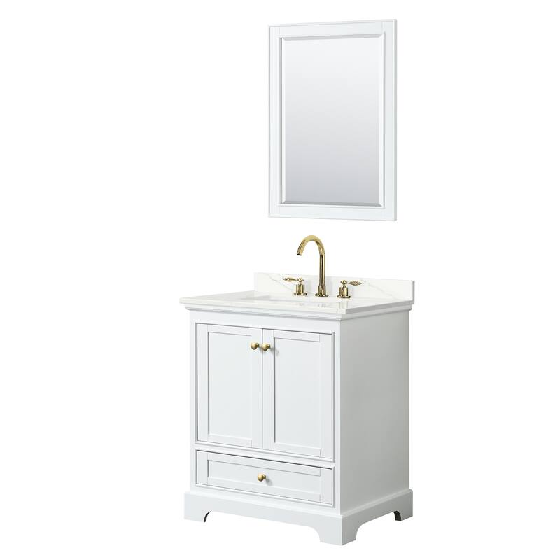 Deborah 30-inch Single Vanity, Quartz Top, 24-inch Mirror - White, Gold Trim, Giotto Quartz Top