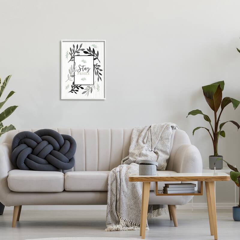 Stupell Stay Awhile Phrase Country Herb Foliage Border Framed Giclee Art Design By Elizabeth Tyndall