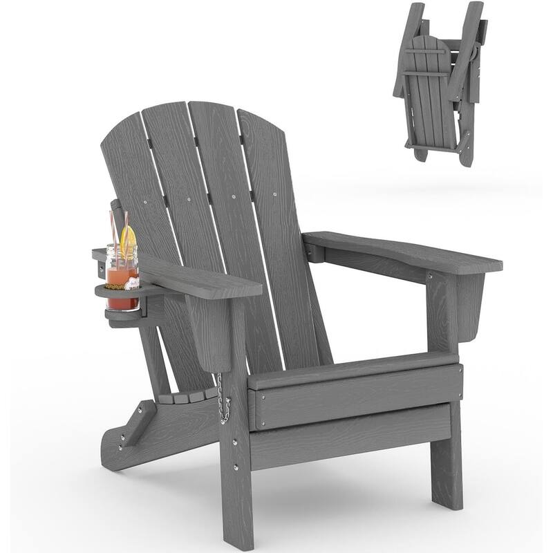 1-PieceHDPE Folding Adirondack Chair All-Weather Wood-Look with Cup Holder - Grey