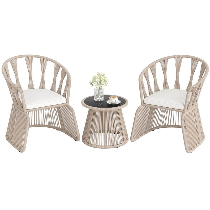 Costway 3 PCS Patio Leisure Chair Set Rope-Woven Armchairs & Table Set - See Details