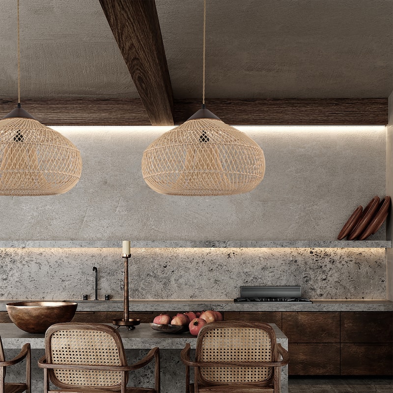 Huka Wabi-Sabi Contemporary Rattan Pendant Light Rustic Boho Interior Decor Light - 17.7