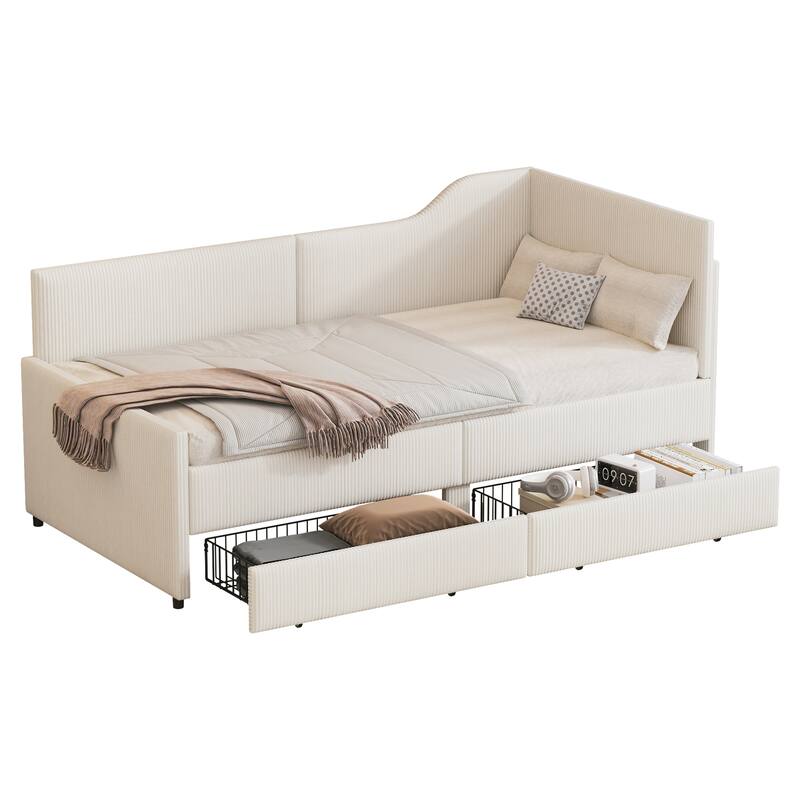 L-Shaped Daybed,Upholstered Bed Frame with 2 Storage Drawers