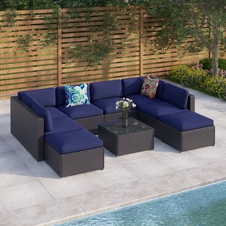 PHI VILLA 9-Piece Rattan/Wicker Conversation Cushioned Sectional Sofa Set with 2 Ottomans