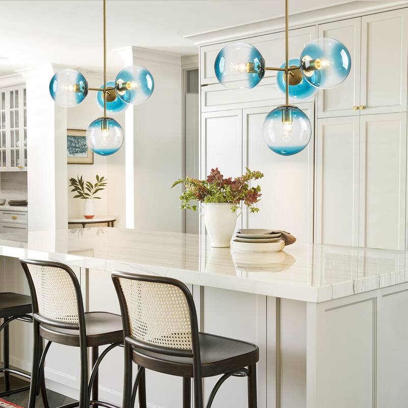 4-Light Modern Tiered Linear Sputnik Pendant Light in Brushed Gold/Black with Gradient Blue Glass Globes