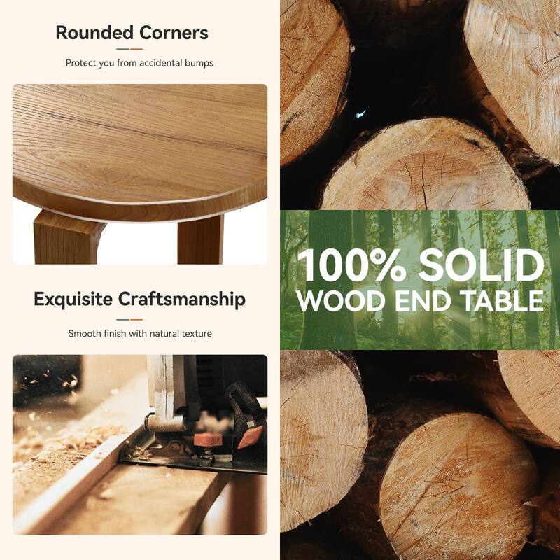 Round End Table with Storage Shelf, 2 Tier Solid Wood Side Table for Living Room