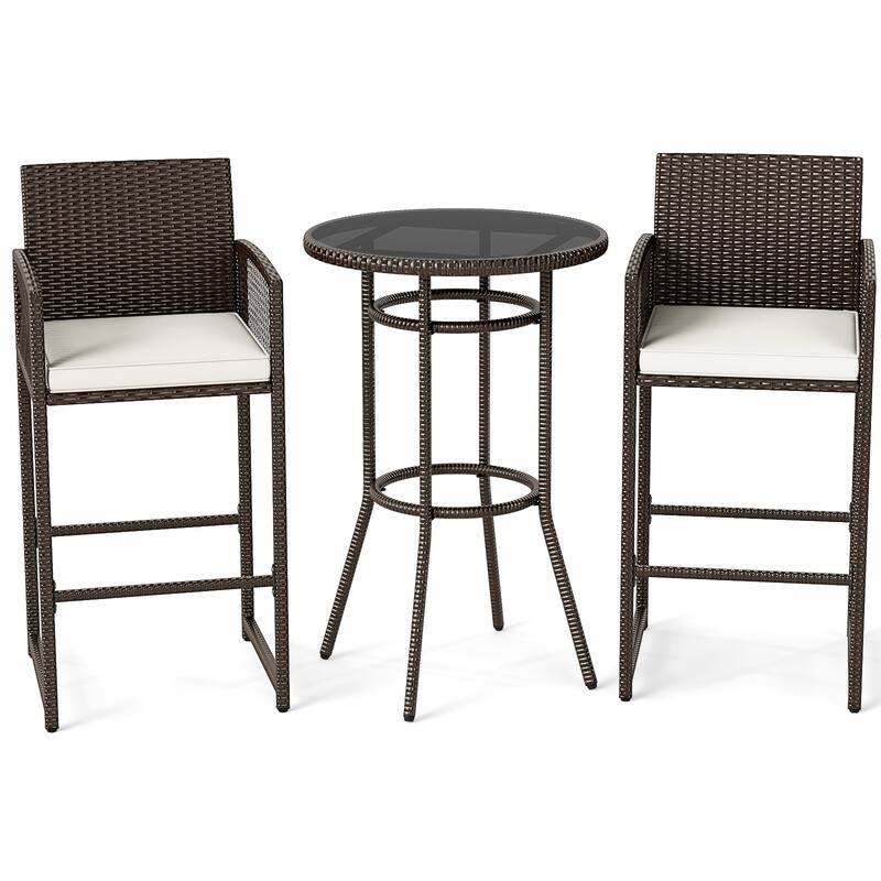 Gymax 3 Piece Wicker Patio Bar Set w/ 2 Seat Cushions Glass Tabletop
