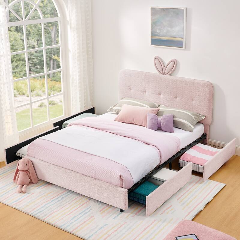 Queen Size Boucle Upholstered Bed with Rabbit Ear Headboard, LED Music Sync & 4 Drawers