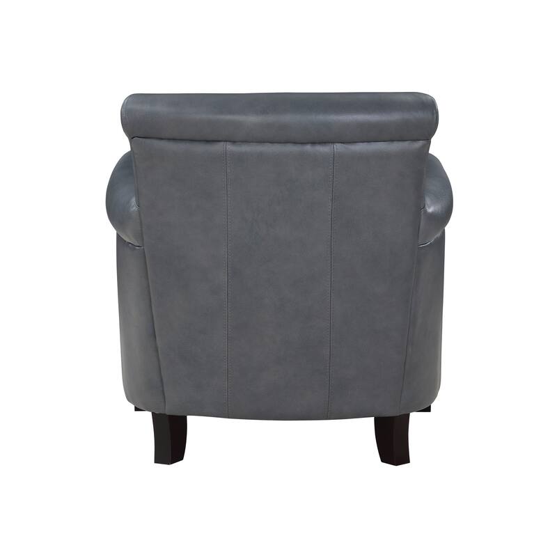 Tria 35 Inch Accent Chair, Gray Top Grain and Split Leather, Solid Wood