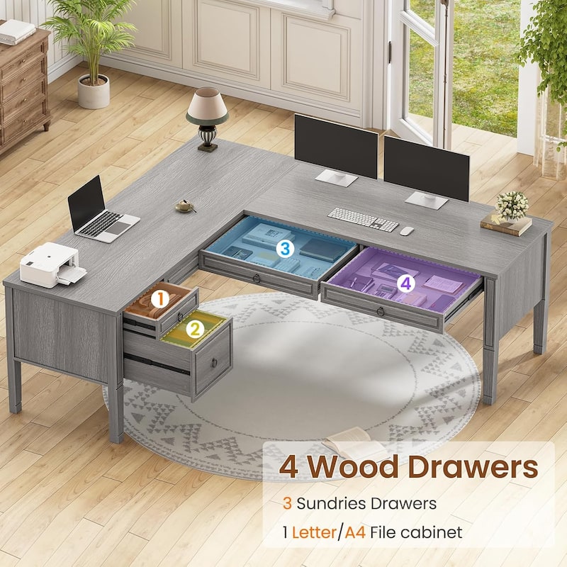 Farmhouse Executive L Shaped Desk Home Office Desk with Drawers and Storage Cabinet & Power Outlet