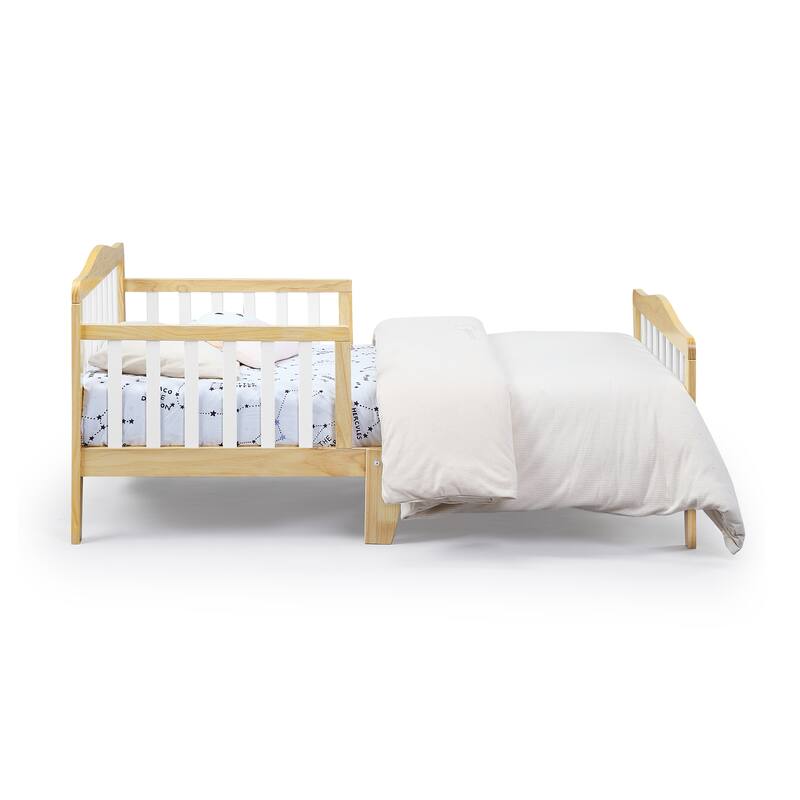 Birdie Toddler Bed in Dark Pink/White with Solid Wood Frame, Low Profile Footboard & Dual Safety Rails