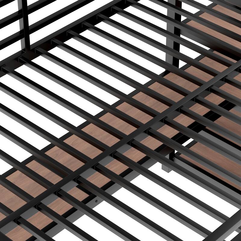 Queen Size Loft Bed Frame with Built-in Desk, Storage Stairs, LED Lights, Charging Station and Multifunctional Iron Nets