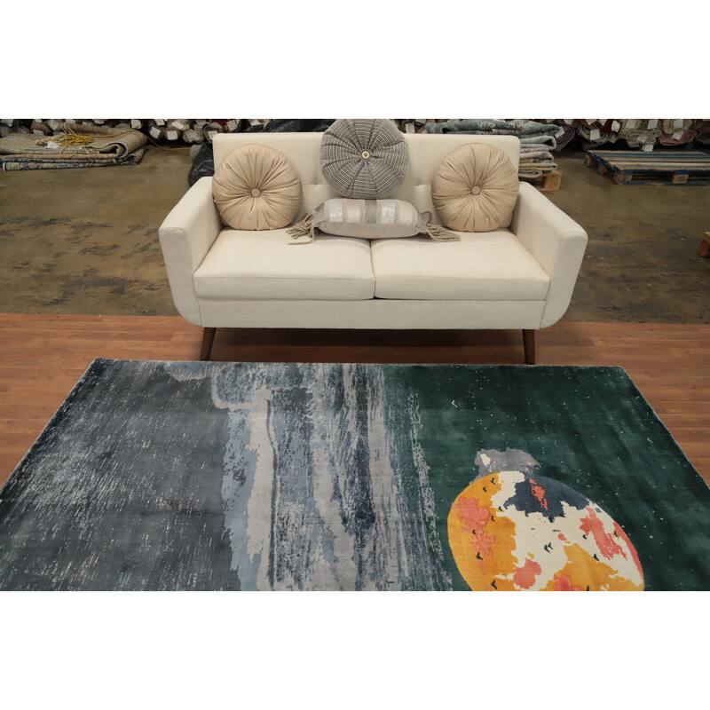 Hand Knotted Oriental Viscose Silk Carpet Modern Pictorial Multi-Colored Abstract Area Rug - 7' 8'' X 5' 7''