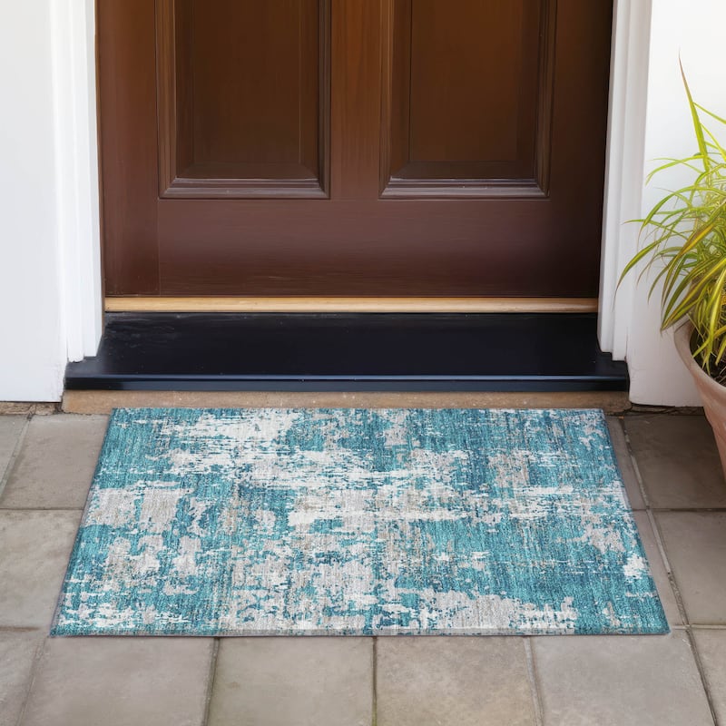 Machine Washable Indoor/ Outdoor Abstract Chantille Rug - Teal - 1'8" x 2'6"