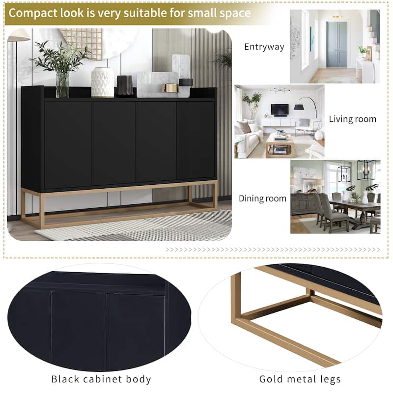 Elegant 4-Door Sideboard for Small Spaces with Adjustable Storage and Gold Legs