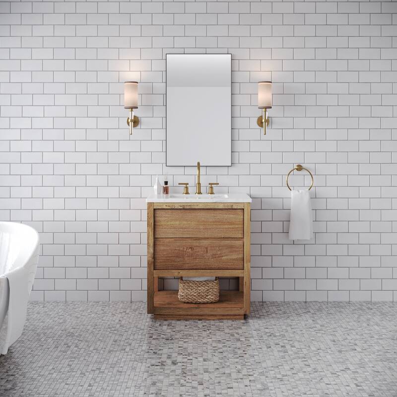 Oakman Mango Wood Carrara White Marble Countertop Bath Vanity with Faucet