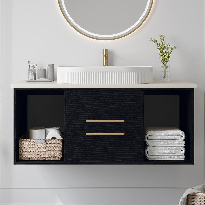 39.4"Wall-Mounted Bathroom Vanity with Ceramic Sink Floating Vanity Multi-Layer Cabinet Soft-Close Drawers Open Shelf Storage - Black