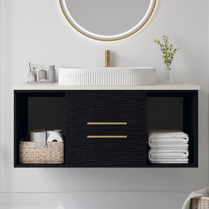 GDFStudio - Modern Wall-Mounted Multi-Layer Solid Wood Bathroom Vanity with Ceramic Vessel Sink & Open Shelf Storage - 40" - Black,Gold+White