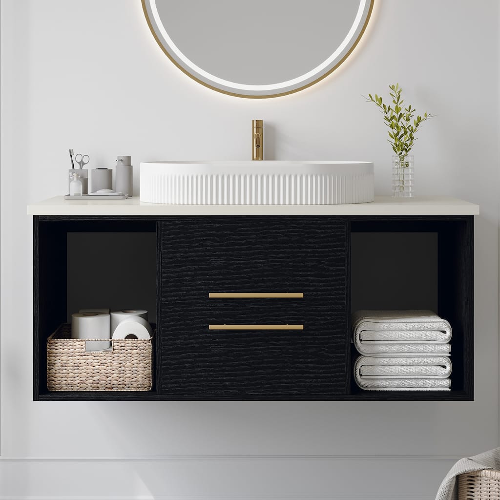 Multi-Layer Solid Wood Floating Cabinet Wall-Mounted Bathroom Vanity with Oval Vertical Textured Ceramic Sink and Metal Handles