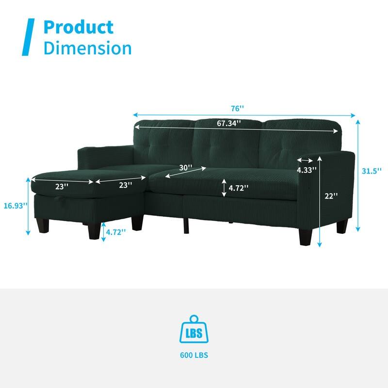 Mixoy 76'' L-Shaped Small Sofa Couch,3-Seater Corduroy Sectional Sofa with Storage Ottoman