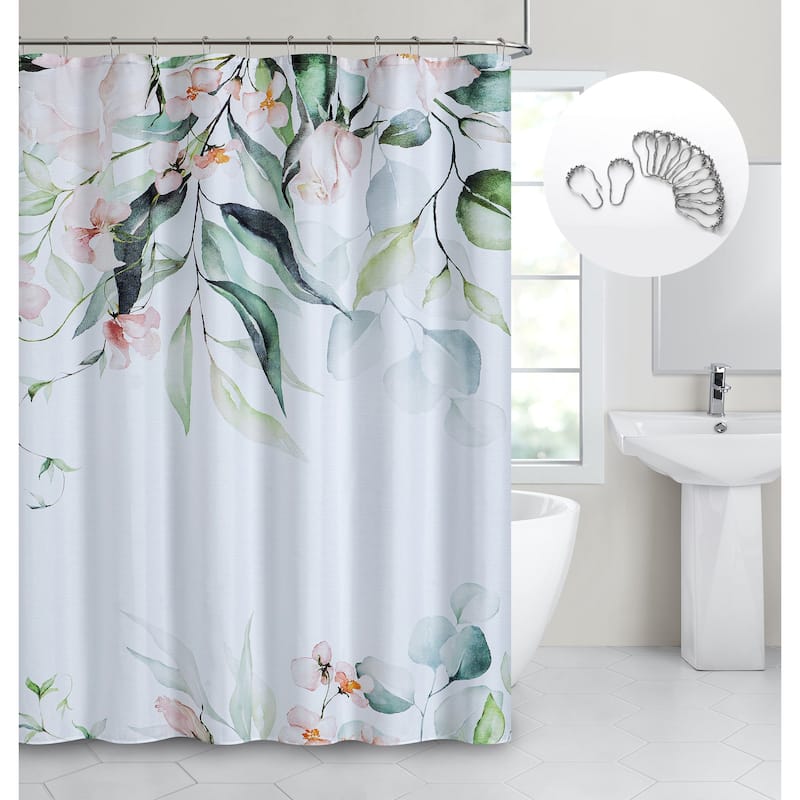 Dainty Home Florals 3D Textured Fabric Shower Curtain with 12 Metal Rollerball Hooks, 70" x 72"