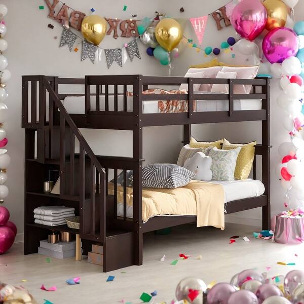 slide 2 of 39, Stairway Twin-Over-Twin Bunk Bed with Storage and Guard Rail for Bedroom Espresso
