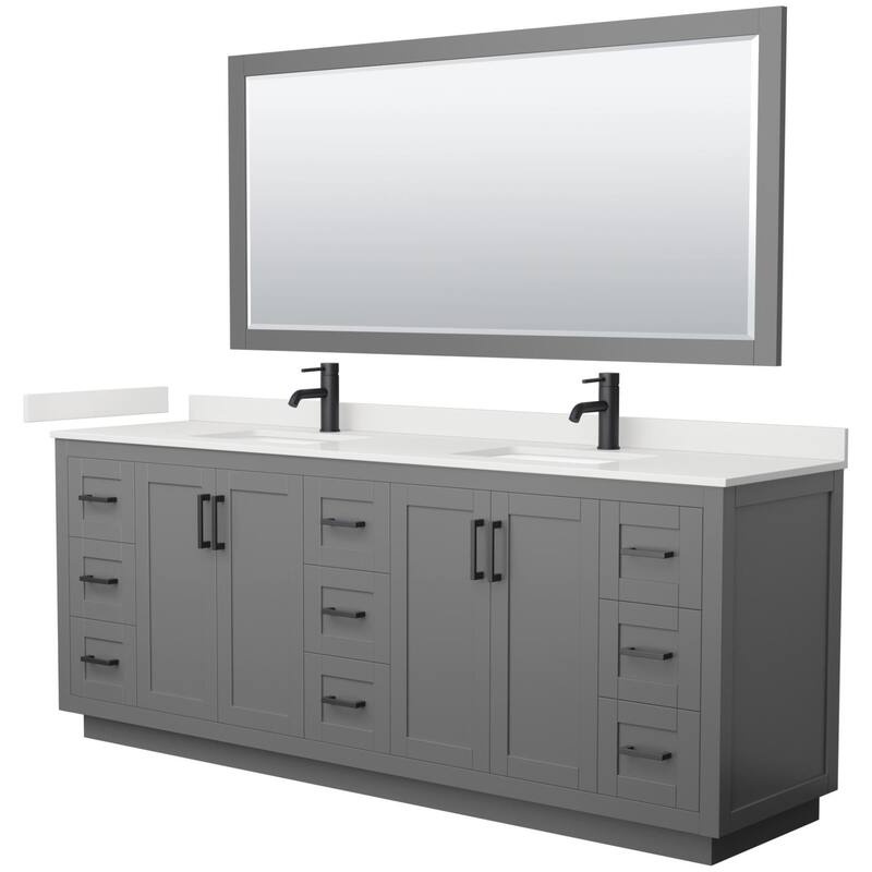 Wyndham Collection WCF292984D-QTZ-UNSM70 Miranda 84" Free Standing - Dark Gray / White Quartz Top / Matte Black