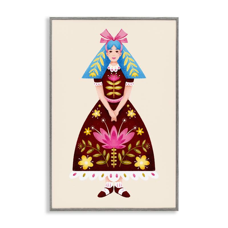 Stupell Blue Haired Folk Girl Framed Giclee Art Design By Hannah Moren - 20 x 30 - Grey