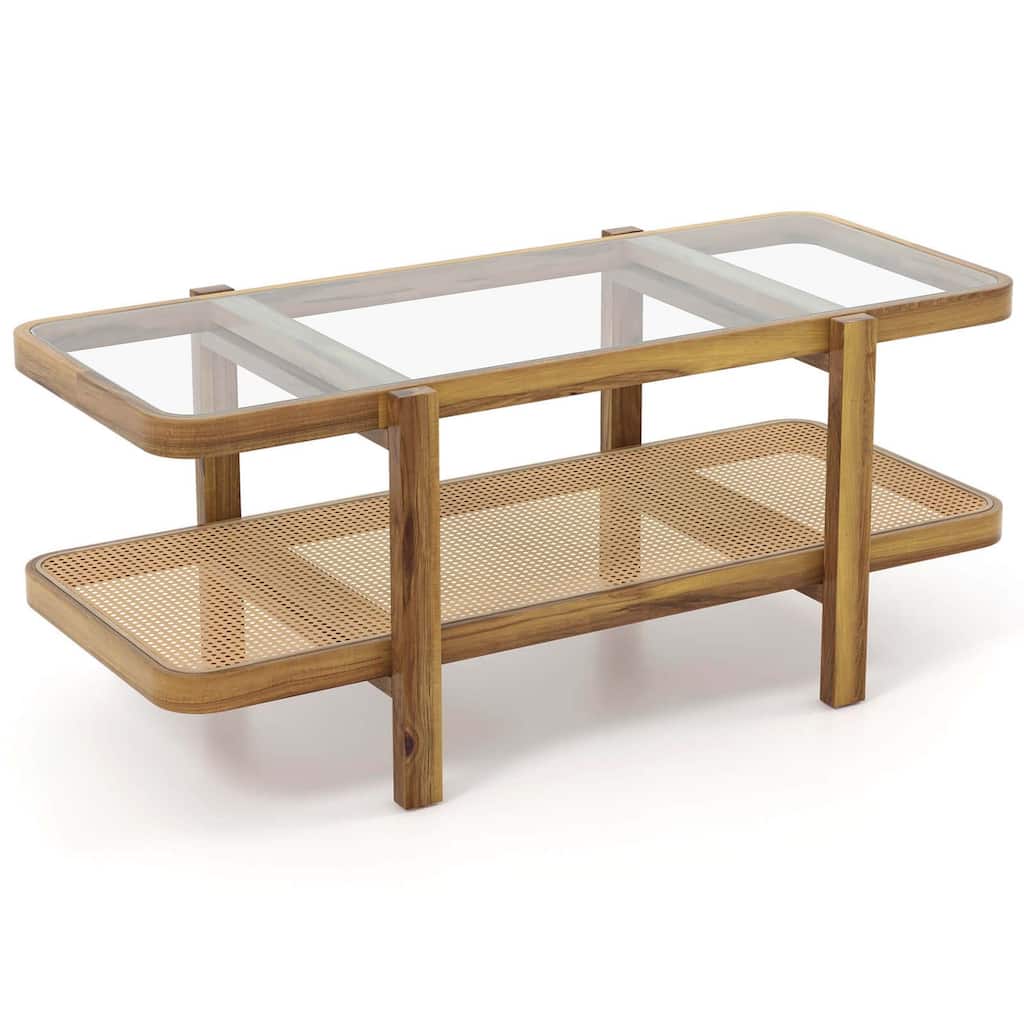 Costway 2-Tier Rustic Coffee Table with Storage Tempered Glass - Brown & Natural - See Details