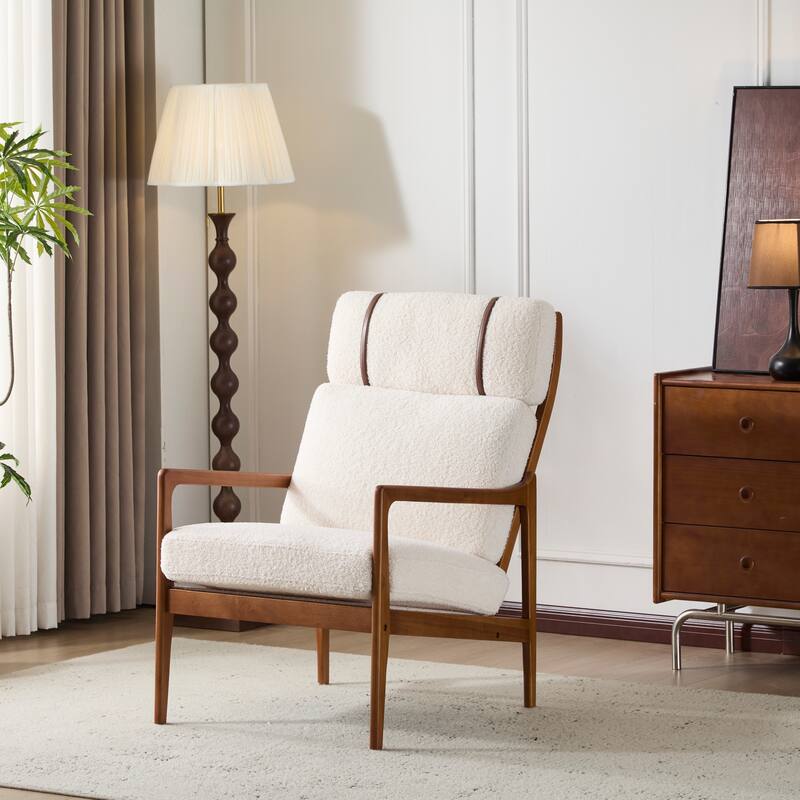 Mid Century Modern Accent Armchair, Solid Wood Frame with High Back, Beige Upholstered Cushions, Ergonomic Lounge Chair