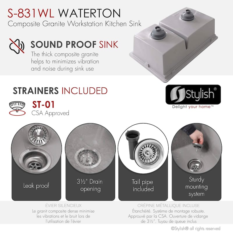 Waterton Composite Granite Dual mount 30 inch Double-Bowl kitchen Sink - 30" x 18" x 9.50"