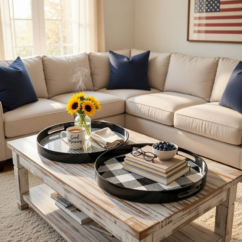 2 Piece Round Decorative Tray, Plastic Frame Black and White Plaid Print