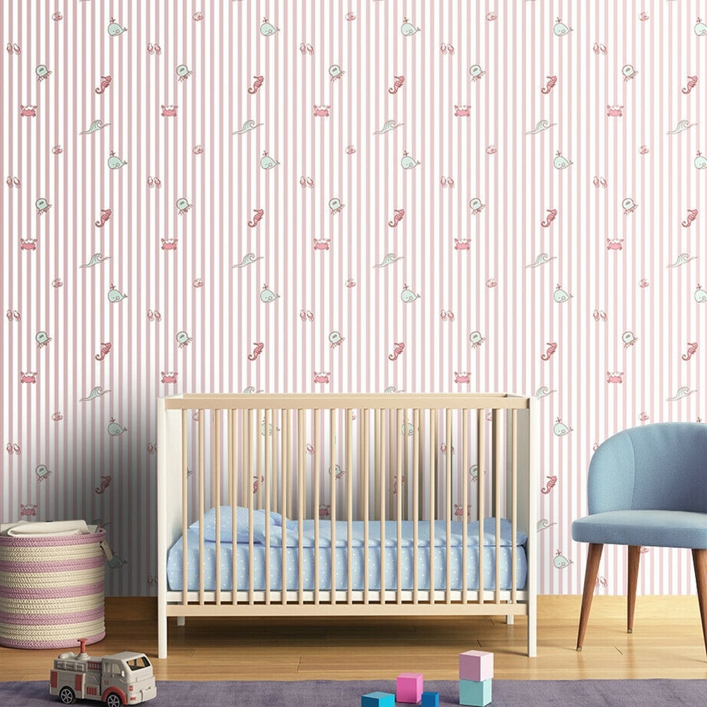 pink striped wallpaper nursery