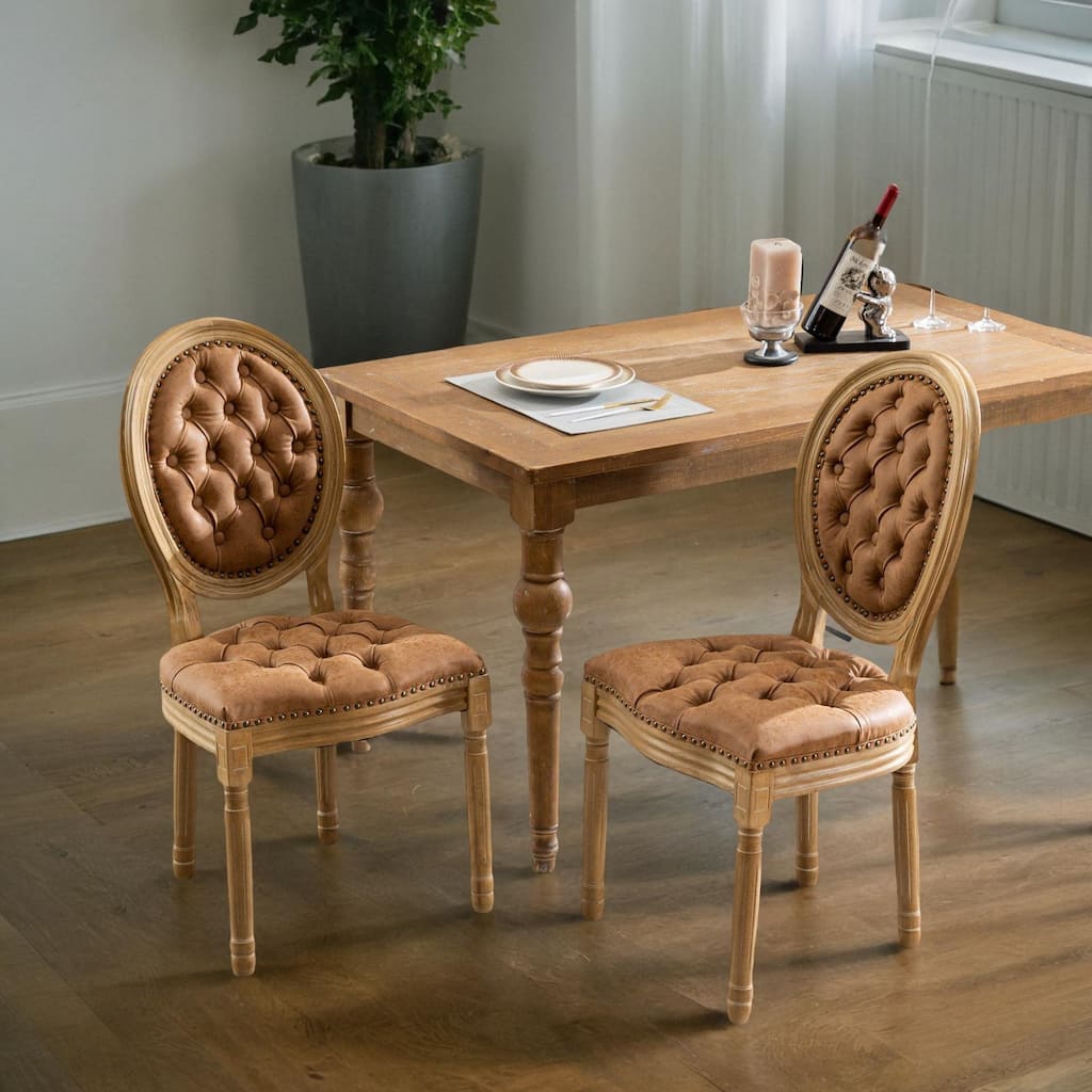 French Style Solid Wood Frame Antique Painting,Hand-pulled buckle decoration PU artificial leather Dining Chair Set of 2