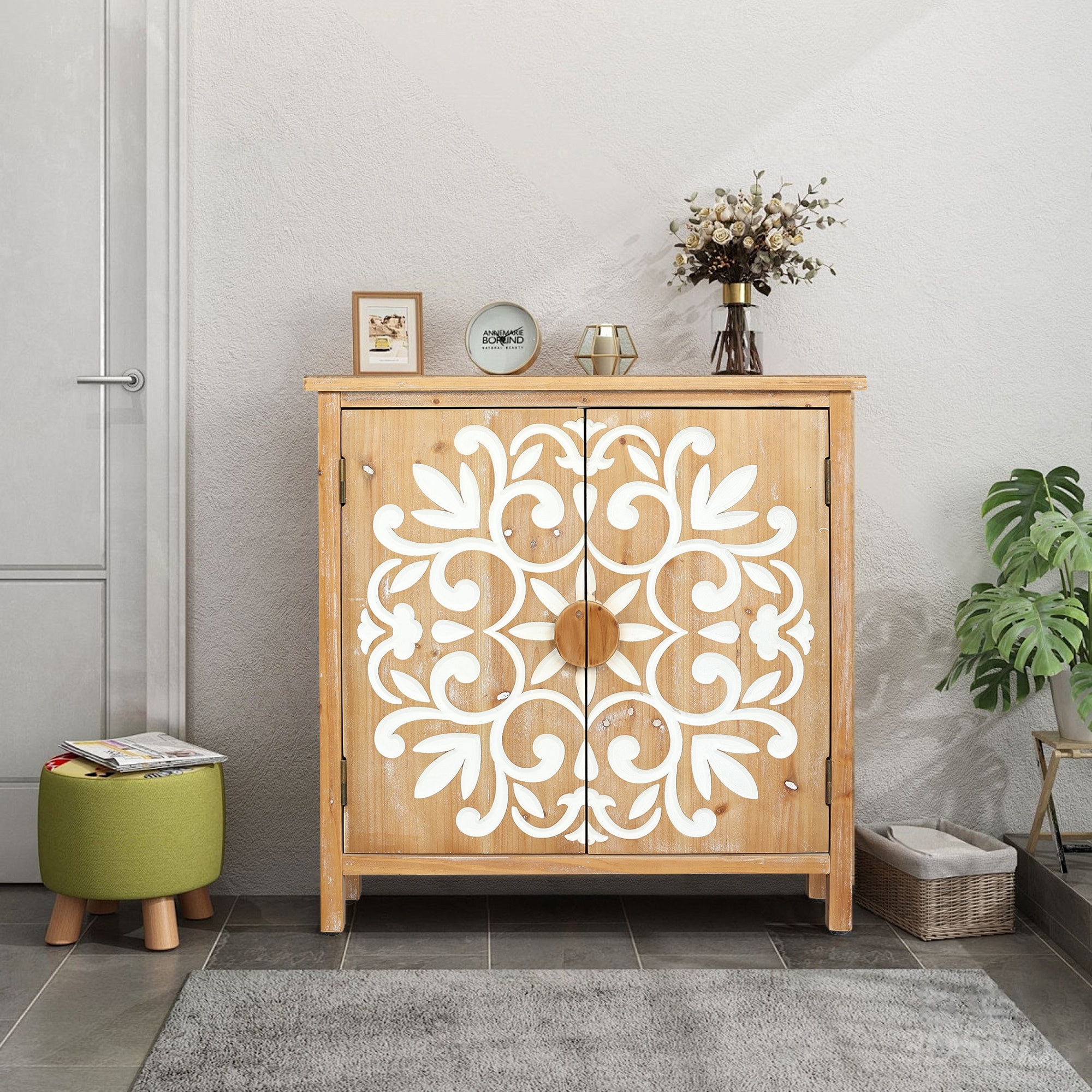 Rustic Wooden Accent Cabinet with Floral Carved Doors, 2 - Door Storage Cabinet for Living Room, Entryway, Dining Room