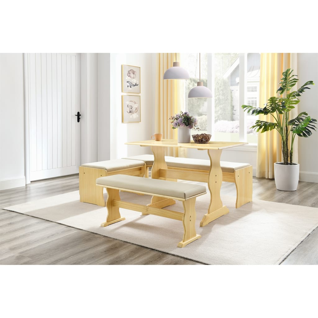 MUSEHOMEINC Modern Design 3 Pieces Solid Wood Nook Dining Table Set with Side Bench with Hidden Storage and Seat Cushion