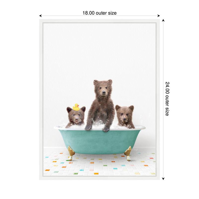 Kate and Laurel Sylvie Three Bear Cubs in Teal Bathtub on Colored Tile Framed Canvas by Amy Peterson
