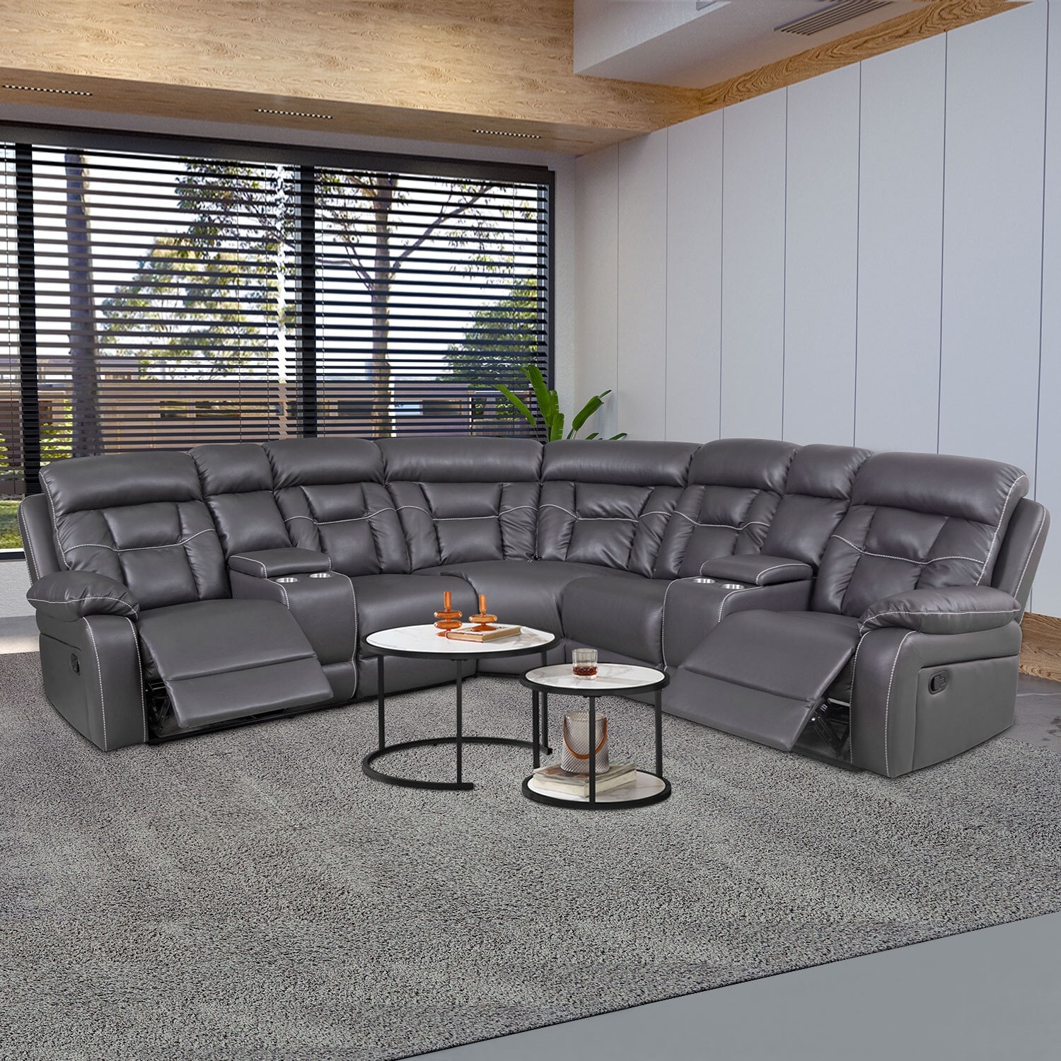 Mid century Modern Faux Leather Upholstered Reclining Sectional