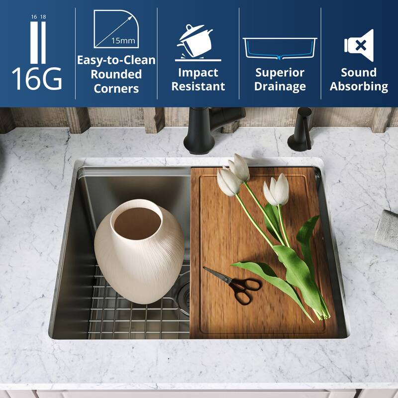 Karran Elite WS-33-PK1 Undermount 23" Single Bowl Stainless Steel Workstation Kitchen Sink with Deeper Bowl