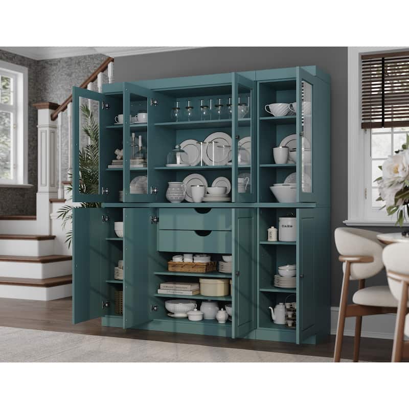 100% Solid Wood Kitchen China Pantry Buffet with Glass or Solid Wood Doors and 2-Drawer Kit by Palace Imports - 65" x 71.5" - Aqua - 4 Clear Glass-4 Solid