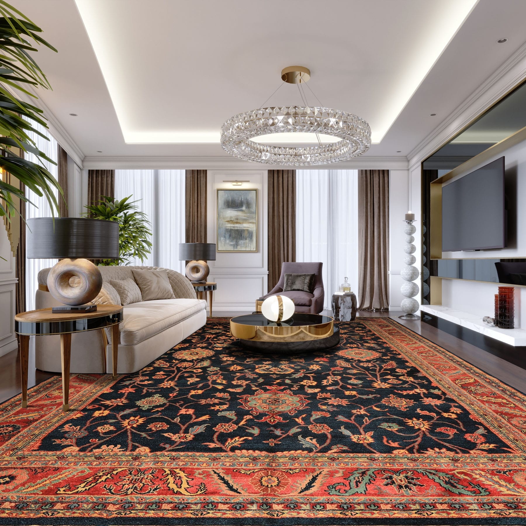 Indo Oushak Navy Rose Wool Hand Knotted Traditional Rug - 12' 1'' x 17' 6''