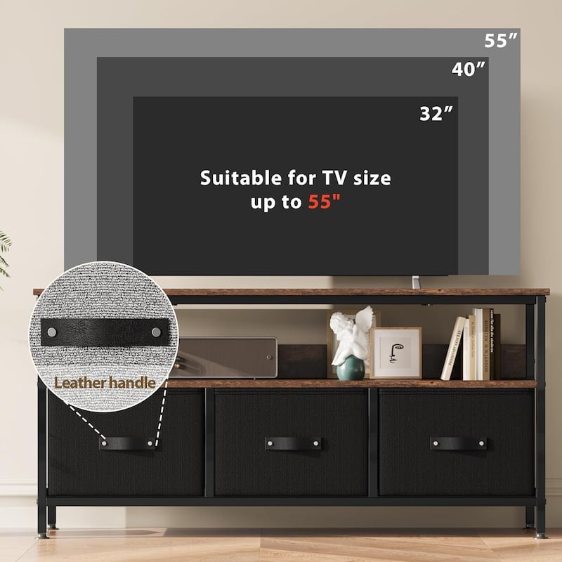 Dresser TV Stand with 3 Fabric Drawers for 55'' TV, Black + Brown - N/A