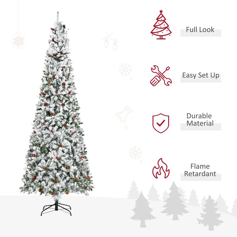 9ft Snow-Flocked Pencil Christmas Tree with Pinecones & Red Berries, Realistic Branches & Easy Setup