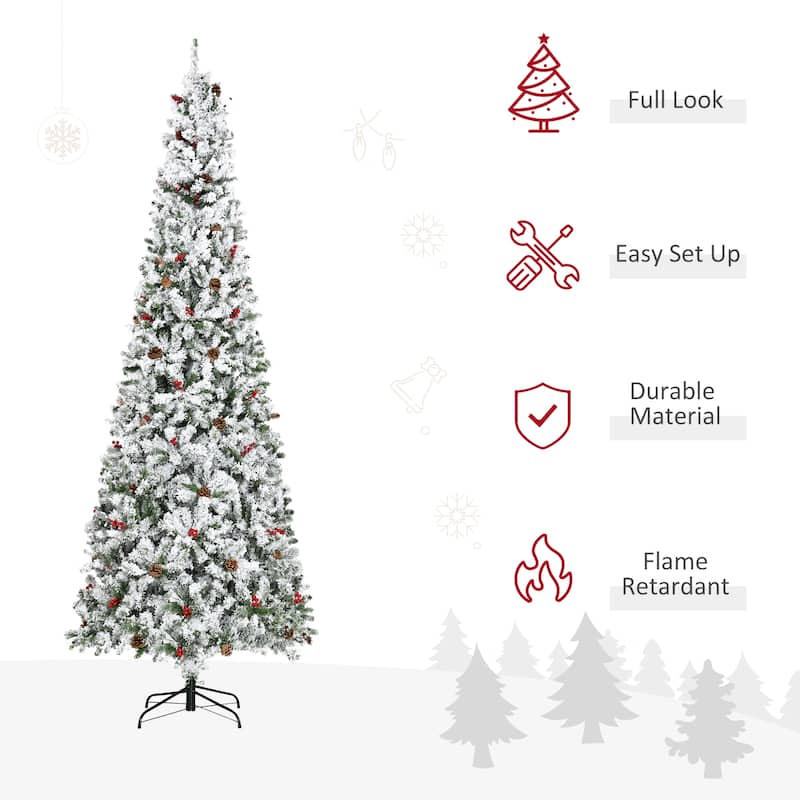 Realistic 9ft Pencil Snow Flocked Christmas Tree with Auto Open and Pine Branches, Xmas Decor for Home Office Holiday Party