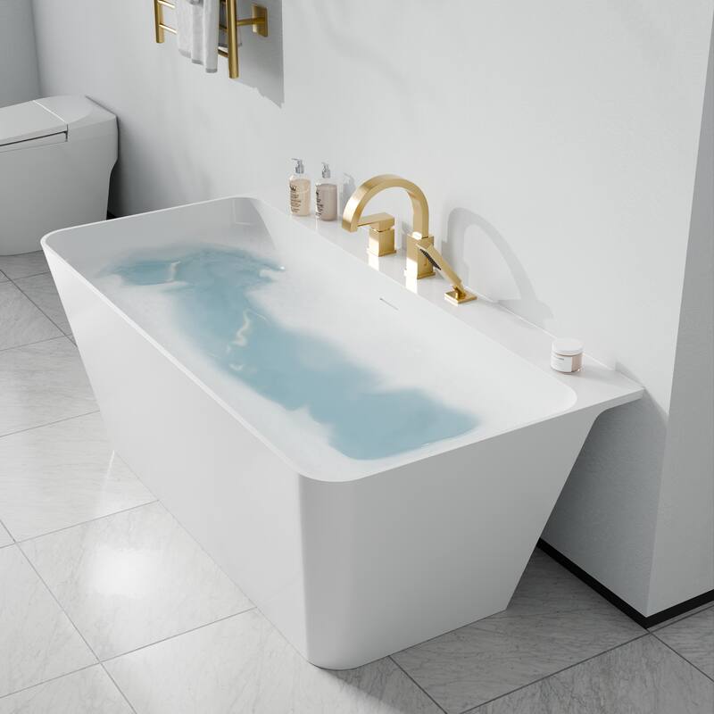 Vault Series 59 in. x 30 in. Flat Bottom Acrylic Freestanding Soaking Bathtub with Center Drain, Brushed Gold Faucet